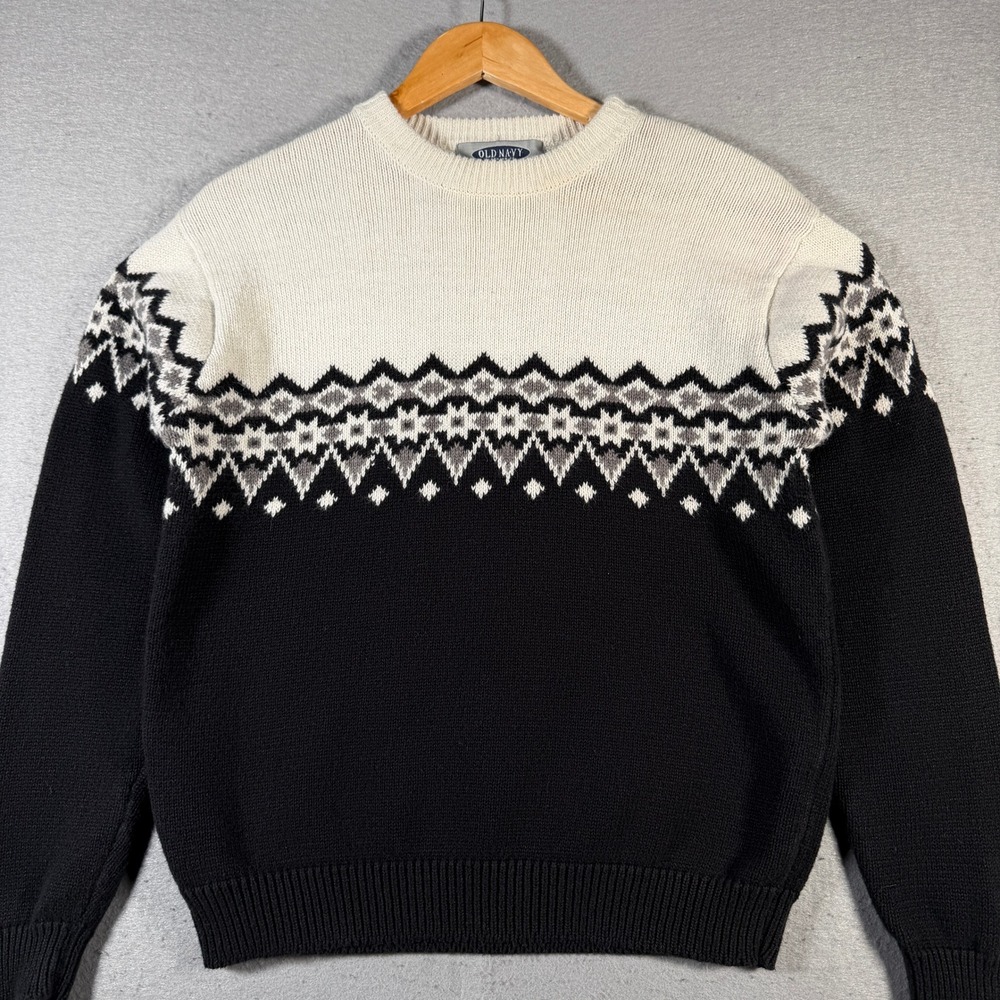 Vintage Old‎ Navy Mens Fair Isle Sweater Black White Cream Size XS Knit Pullover